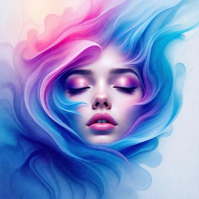 The primary subject of the image is a woman with blue and pink hair, who is looking at the camera. She is wearing makeup, including pink lipstick. The setting is a colorful, artistic background that complements the woman's unique hair color. The visual style is a digital art or illustration, creating a vibrant and eye-catching scene. The colors and mood of the image are lively and energetic, with the woman's striking hair color and the vivid background
